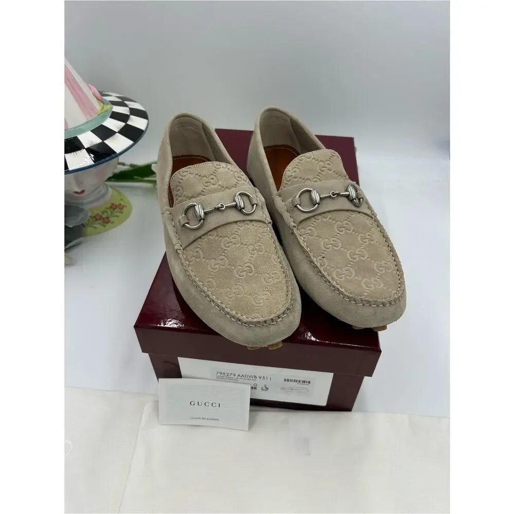 Men's Gucci suede oatmeal horse bit driver loafers size 9 fits 9.5US